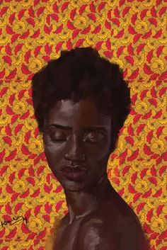 a painting of a woman's face on a yellow and red background