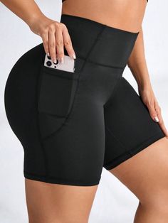 Women's Yoga Shorts With Pocket, Plus Size, High Waist, Butt Lifting Fitness Workout Shorts For Outdoor Wear Black    Fabric Plain Shorts Medium Stretch  Women Plus Activewear, size features are:Bust: ,Length: ,Sleeve Length: Outdoor Wear Women, Matching Sets Outfit, Sports Shorts Women, Plain Shorts, Tailored Dress, Yoga Shorts, One Piece Dress, Outdoor Wear, Set Outfit