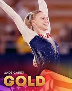 a female figure skating on the ice in front of an american flag and text that reads jade carey gold