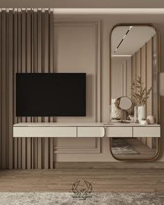 a living room with a large mirror on the wall and a television mounted to it's side