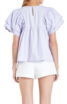 Tiered scalloped ruffles with embroidered edges charm an airy cotton top styled in a sweet babydoll silhouette. Back keyhole with button-and-loop closure Jewel neck Short sleeves 100% cotton Hand wash, dry flat Imported Cotton Top With Ruffle Hem And Ruffled Collar, Cotton Tops With Ruffle Hem And Ruffled Collar, Feminine Ruffled Cotton Blouse, Feminine Cotton Blouse With Ruffles, Feminine Cotton Tops With Scalloped Edges, Feminine Purple Cotton Blouse, Spring Cotton Top With Scalloped Edges, Spring Tops With Scalloped Edges For Daywear, Cotton Tops With Scalloped Edges For Spring