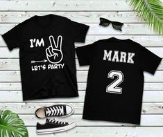 "Celebrate their birthday milestone with this unique t-shirt. Please note that by default, the black color t-shirts will have white vinyl and the other color t-shirts will have black vinyl. Raglan are 3/4 sleeves. We use cotton t-shirts that are comfortable to touch and wear. We use kid safe ink. Our t-shirts are designed and pressed at our shop and usually ship in 1-2 business days. WASHING & CARE: Take care to wash inside out and on cold or warm cycle with little detergent. Hang or lay fla Black T-shirt With Letter Print For Party, Black Graphic Tee For Party, Black Number Print T-shirt For Birthday, Birthday Black T-shirt With Number Print, Black Summer T-shirt For Birthday, Black T-shirt With Name Print For Birthday, Third Birthday Shirt, 2nd Birthday Shirt, T Shirt For Boys