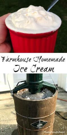 a cupcake with whipped cream on top and the words farmhouse homemade ice cream above it