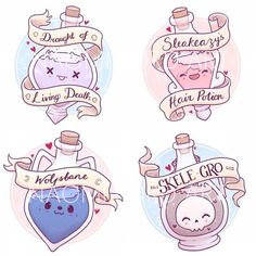 four stickers with different designs on them, including two bottles and one has a skull