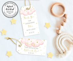 Baby Shower thank you favor tags, vertical and horizontal, pink clouds with gold stars Popular Baby Shower Themes, Gender Reveal Favors, Tag Templates, Favour Tags Template, Diy Shower, Star Baby Showers, Tag Template, Twinkle Twinkle Little Star