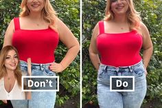 two women in red tops and jeans posing for the camera with their hands on their hips