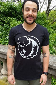 Gay Man's BEAR CUB, 100% cotton, Gildan brand, short-sleeve, black V-neck tee shirt, and only ONE available in size Medium Casual Bear Design Short Sleeve T-shirt, Black Casual T-shirt With Bear Print, Bear Cub, Bear Cubs, Mens T Shirts, V Neck Tee, Tee Shirt, Brooklyn, Tee Shirts