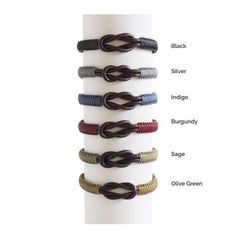 Our ﻿Macrame Playa Leather Men's Bracelets ﻿are handwoven, made with sturdy waxed cotton that is wrapped around a double leather intertwined cord, and closed with an Italian waxed-cord clasp. These bracelets go with any wardrobe and come in 12 different colors that can be mixed and matched for endless color combinations. They can also be combined with our ﻿Macrame Ancla Leather Men's Bracelet ﻿and ﻿﻿Macrame Knot Leather Men's Bracelet ﻿for countless possibilities. ﻿ Colors may vary slightly from Knot Leather Bracelet, Leather Bracelet Tutorial, Love Knot Bracelet, Bracelet Boyfriend, Bracelet Macrame, Infinity Knot, Men's Bracelets, Bracelet Knots, Bracelet Mens