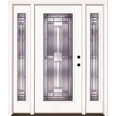 a white door with glass panels and two sidelights on the top half of it