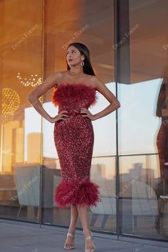 Wine Sequin Feather Strapless Tea Length Custom Homecoming Prom Dress Christmas Party Cocktail Dress, Dress For Prom, Straight Across Neckline, Wine Dress, Custom Prom Dress, Bridal Jumpsuit, Fishtail Dress, Bodycon Midi Dress, Feather Dress