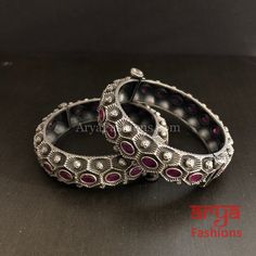 Sara Silver Oxidized Openable Bracelet Bangles/ Colored Stones Tribal Bangles