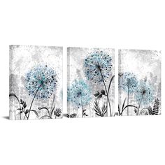 three blue and white flowers on a gray background canvas print wall art set, ready to hang in the living room or bedroom