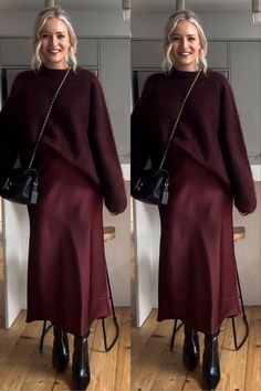 Classy Women Outfits Winter, Monochrome Satin Skirt Outfit, Cranberry Skirt Outfit, Work Outfits Women Hourglass Shape, Green Wool Skirt Outfit, Wine Color Outfits For Women, Vintage Pencil Skirt Outfit, Color Blocking Outfits Fall, Fall Outfits Satin Skirt