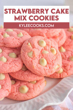 An image of strawberry cake mix cookies on a white plate Strawberry Cake Cookies Recipe, Cookie Recipes Strawberry, Strawberry Cookies From Cake Mix Recipes, Strawberry Cake Cookies, Strawberry Cake Mix Cookies, Cake Box Cookies, Box Cookies, Baking Treats, Strawberry Cake Mix