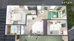 an overhead view of a small house with the kitchen and living room separated from each other