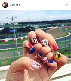 F1 Nail Ideas, F1 Acrylic Nails, Motorsport Nails, Formula One Nail Art, Ferrari Nails F1