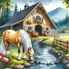 a painting of a horse drinking water from a stream in front of a wooden barn