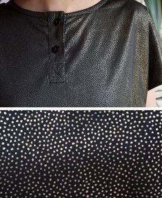 Cool vintage blouse made of black fabric with shiny metallic golden dots. Short sleeves, round neckline with two buttons. One extra spare button. Two small slits on the sides. Wide, boxy cut. Era: 90's, Germany Fabric: polyester Condition: very good Estimated size: L / XL please, check the measurements) Measurements (measured flat, need to be doubled to get the circumference): Chest: 60 cm / 23,6 inches Length: 73 cm / 28,7 inches Summer Gold Tops With Buttons, Summer Gold Top With Buttons, Gold Summer Top With Button Closure, Gold Party Tops With Buttons, Casual Gold Tops With Buttons, Gold Tops With Button Closure For Party, Gold Party Top With Button Closure, Gold Party Tops With Button Closure, Black High Waisted Pants