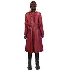 the back view of a woman wearing a red leather trench coat