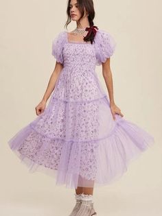 Bring a touch of whimsy and romance to any special occasion with our Beauty and Grace Floral Print and Mesh Puff Sleeve Maxi Dress. Featuring a square neckline with elastic detailing, puff sleeves with elastic cuffs, and a tiered skirt for elegant movement. Lined for comfort and adjustable with smocking, this dress exudes effortless beauty and grace. Color: Lavender or Cream Fabric: 100% Polyester, Lining: 100% Rayon Brand: Listicle Includes: x1 Dress Sizes: S-M-L, Regular Sizing Length: 49" - 5 Grace Color, Vacation Swimwear, Puff Sleeve Maxi Dress, Beauty And Grace, Effortless Beauty, Cream Fabric, Belt Purse, Sleeve Maxi Dress, Real Style