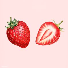 two strawberries are shown on a beige background