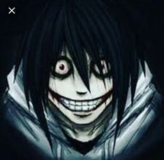 an evil looking man with black hair and red eyes