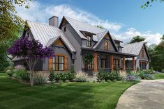 this is an artist's rendering of a house in the country style with lots of windows