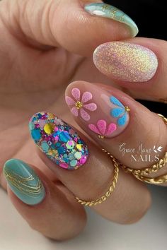 mystic spring acrylic almond nails Almond Spring Nails, Acrylic Almond Nails, Summertime Nails, Nail Heart, Witch Nails, Confetti Nails, Sunflower Nails, Work Nails, Spring Look