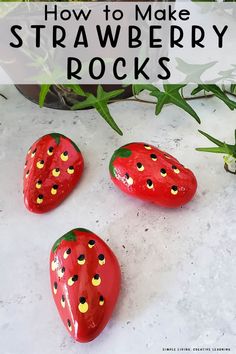 three strawberry rocks with the words how to make strawberries rocks on them and some plants in the background