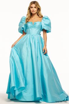 Sherri-Hill-55979-Square-Neckline-Ball-Gowns-Taffeta-Fabric-Aqua-Long-Dress-Evening-Gown-Prom-Dress-Sherri-Hill-2024 Yellow Peacock, Homecoming Court, Corset Boning, Floor Length Prom Dresses, Ball Gown Skirt, Corset Bodice, Colors Orange, Satin Prom Dress, Prom Dresses With Sleeves