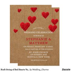 a brown paper bag with red hearts hanging from it and the words, wedding shower is in