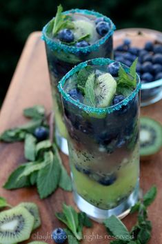 a blueberry and kiwi drink with mint leaves