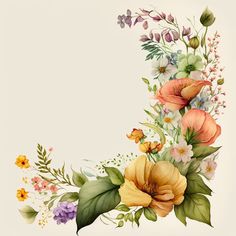 an artistic painting of flowers and leaves in the shape of a letter c on a white background