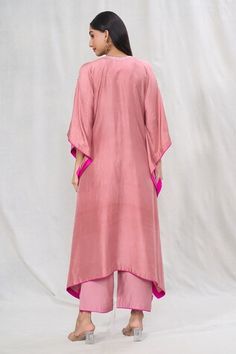 Onion pink kaftan with floral zardozi buttis embroidered all-over. Comes with solid pant. - Aza Fashions Designer Pink Kaftan With Traditional Drape, Elegant Pink Kaftan With Dupatta, Pink Silk Palazzo Set With Straight Kurta, Festive Pink Kaftan With Kimono Sleeves, Pink Silk Kaftan For Wedding, Pink Silk Straight Kurta, Traditional Pink Kaftan With Traditional Drape, Pink Dabka Kaftan For Festive Occasions, Festive Pink Dabka Kaftan