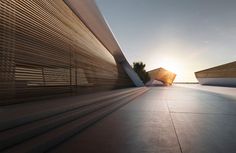 the sun shines brightly through the slats of an architectural building's facade