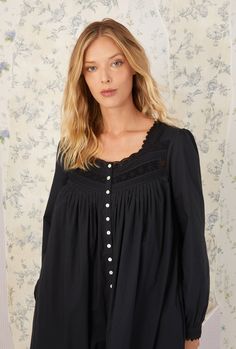 A lady wearing Heirloom Dream Short Robe Cotton Nightgown With Lace Trim Long Sleeve, Black Lace Nightgown Short, Lace Trim V-neck Robe For Daywear, Casual V-neck Lace Trim Nightgown, Sleeves With Lace, Black Lace V-neck Sleepwear, Eileen West, Lace Cuffs, Set Style