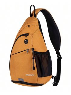 a yellow backpack with black straps on the front and side pockets that are zippered together