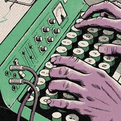 two hands typing on an old typewriter with green and purple background, while another person's hand is holding the keys