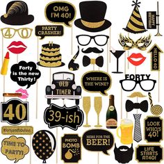 party photo booth props including hats, glasses, and cake toppers for a 30th birthday