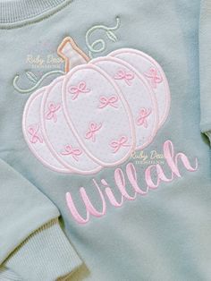 "Font shown is not mine and is not included with purchase! I receive tons of emails each day regarding font names and unfortunately can not take the time to look each one up.  This is a digital download! You will need an embroidery machine and a way to transfer the file to use this download. The \"Pumpkin Appliqué with Mini Bows Satin Stitch\" machine embroidery design comes in approximately four sizes; these sizes will require a 4x4, 5x7, 7x5, and 8x8 hoop. This design comes in DST, EXP,HUS.INF,JEF, PES, VP3, and XXX. The purchase of this files allows it to be stitched a maximum of 49 times. If this file will be stitched more than that or by a 3rd party the you must purchase a \"Limited Commercial License\". This can be found in the Etsy shop, with two options. In the notes at checkout pl Embroidering Machine, Applique Clothes, Classy Baby Shower, Pumpkin Applique, Personalized Sweater, Baby Embroidery, Mini Bows, Machine Applique, Font Names