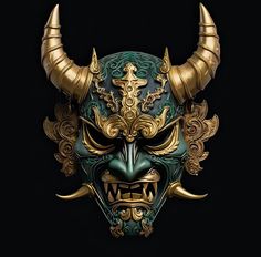 a mask with gold and green designs on it's face, against a black background