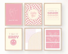 four pink and white wall art prints with different sayings