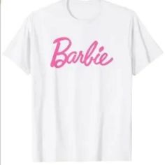 Basic White Short Sleeve T-Shirt With Adorable Pink Barbie Logo. Pink Barbie Logo, Barbie T Shirt, Barbie Logo, Pink Barbie, Barbie Movie, Pink Letter, Barbie Birthday, Barbie Diy, Novelty Clothing