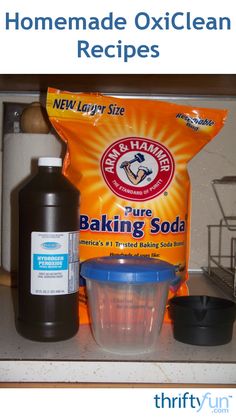 the ingredients for homemade oxicle cleanser sitting on top of a kitchen counter with text overlay that reads homemade oxicle cleanser