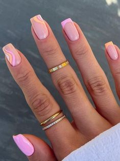 short light pink and peach french tip nails with swirls Peach Swirl Nails, Pink Summer Nails, Swirl Nails, Baby Pink Nails