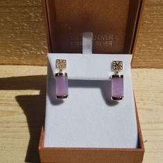 New In Box Purple Jade Earrings In 18k Gold Over Sterling Silver Formal Rectangular Earrings In Fine Jewelry Style, Formal Fine Jewelry Earrings Rectangular, 14k Stamped Dangle Earrings For Gift, Rectangular Yellow Gold Earrings With Gemstone, Tarnish Resistant Rectangular Earrings For Formal Occasions, Elegant Rectangular Earrings As Gift, Elegant Gift Earrings, Formal Rectangular Tarnish Resistant Earrings, Formal Tarnish-resistant Rectangular Earrings