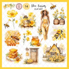 watercolor bee team clipart with honey, bees and honeycombs on it