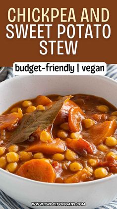 This Chickpea and Sweet Potato Stew is the ultimate comfort food for fall and winter! Made in one pot, it’s budget-friendly and healthy, perfect for a cozy weeknight dinner. Add this warming vegan stew to your meal plan! Chickpea And Sweet Potato, Chickpea Potato, Chickpea Sweet Potato, Sweet Potato Stew, Vegan Entrees, Potato Stew, Vegan Stew, Vegan Chickpea, Sweet Potato Curry