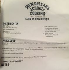 the menu for new orleans school's cooking class is displayed on a piece of paper