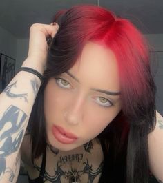 Red Ghost Roots, Colored Roots With Black Hair, Ghost Roots, Alternative Tattoos, Black And Red Hair, Colored Hair Roots, Red Roots, Red Hair With Highlights, Red Ghost